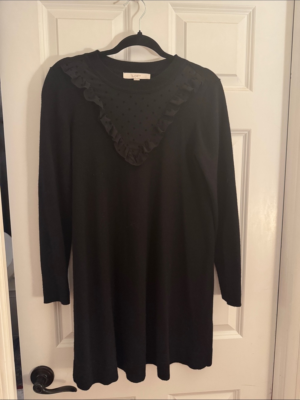 LOFT Black Long-Sleeve Ruffle Yoke Sweater Dress